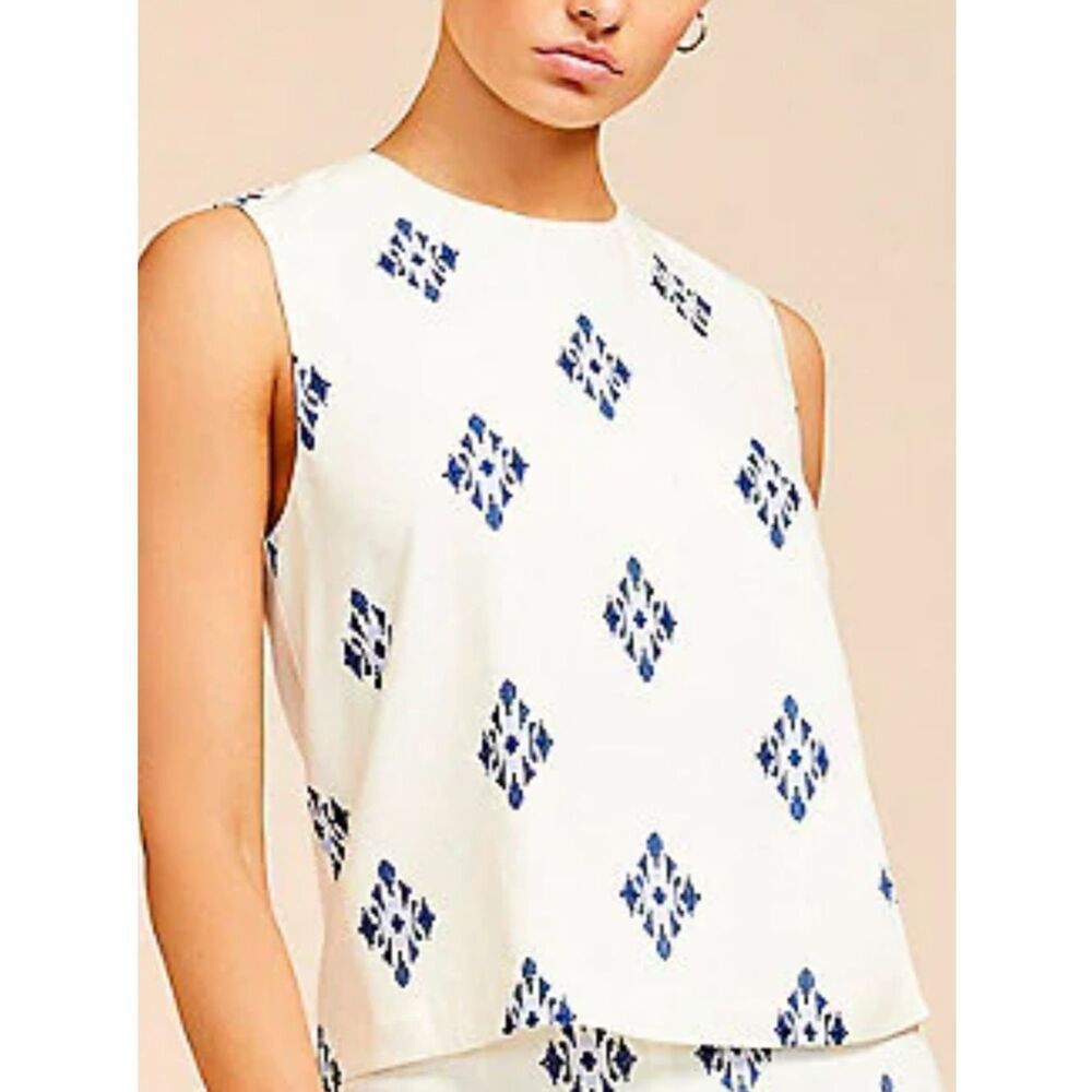 NWT Alex Marie White Navy Linen Blend Sleeveless Tank Top Size S